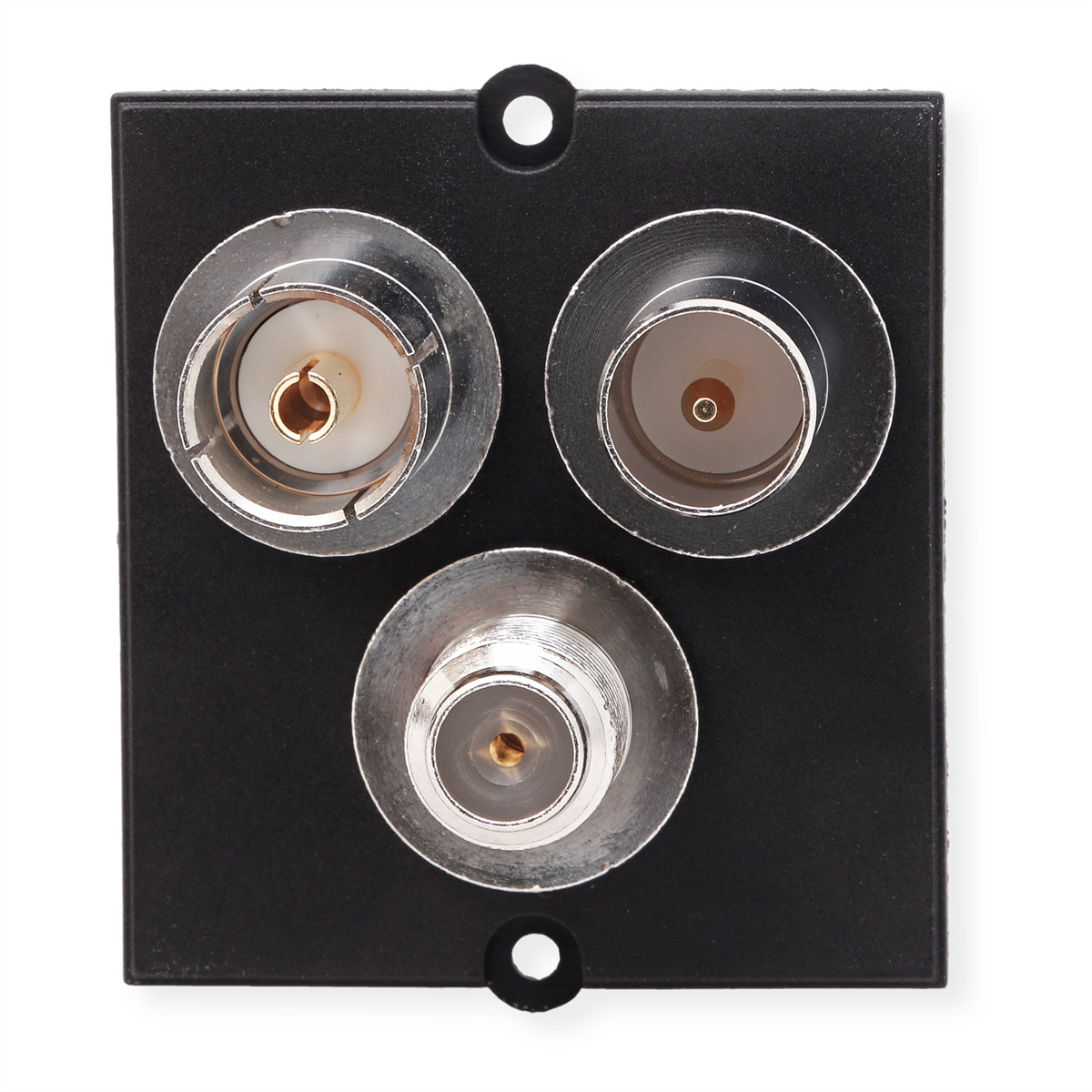 Zwarte wandplaat met drie coaxiale connectoren.