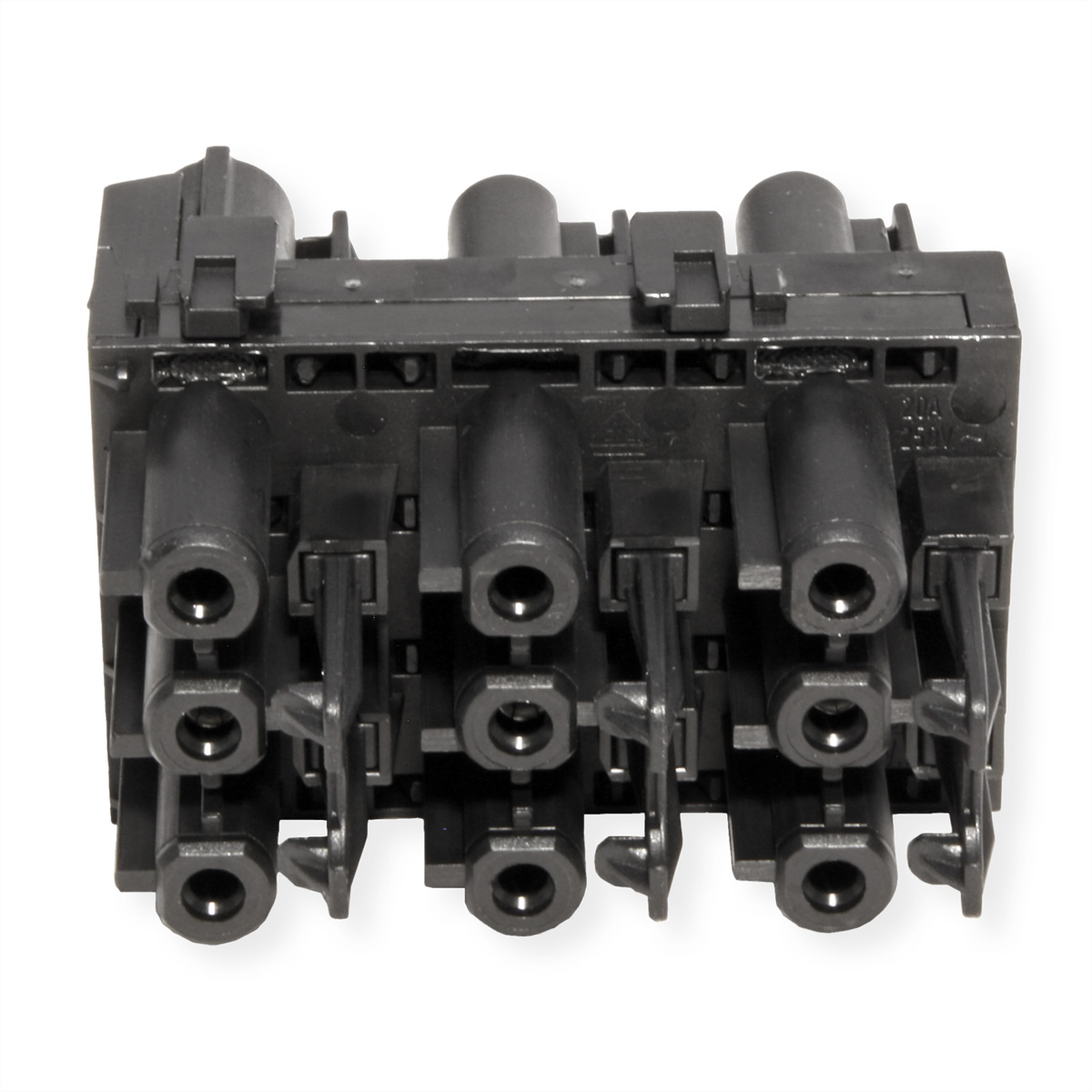 Zwarte elektrische connector met meerdere stopcontacten en pinnen.