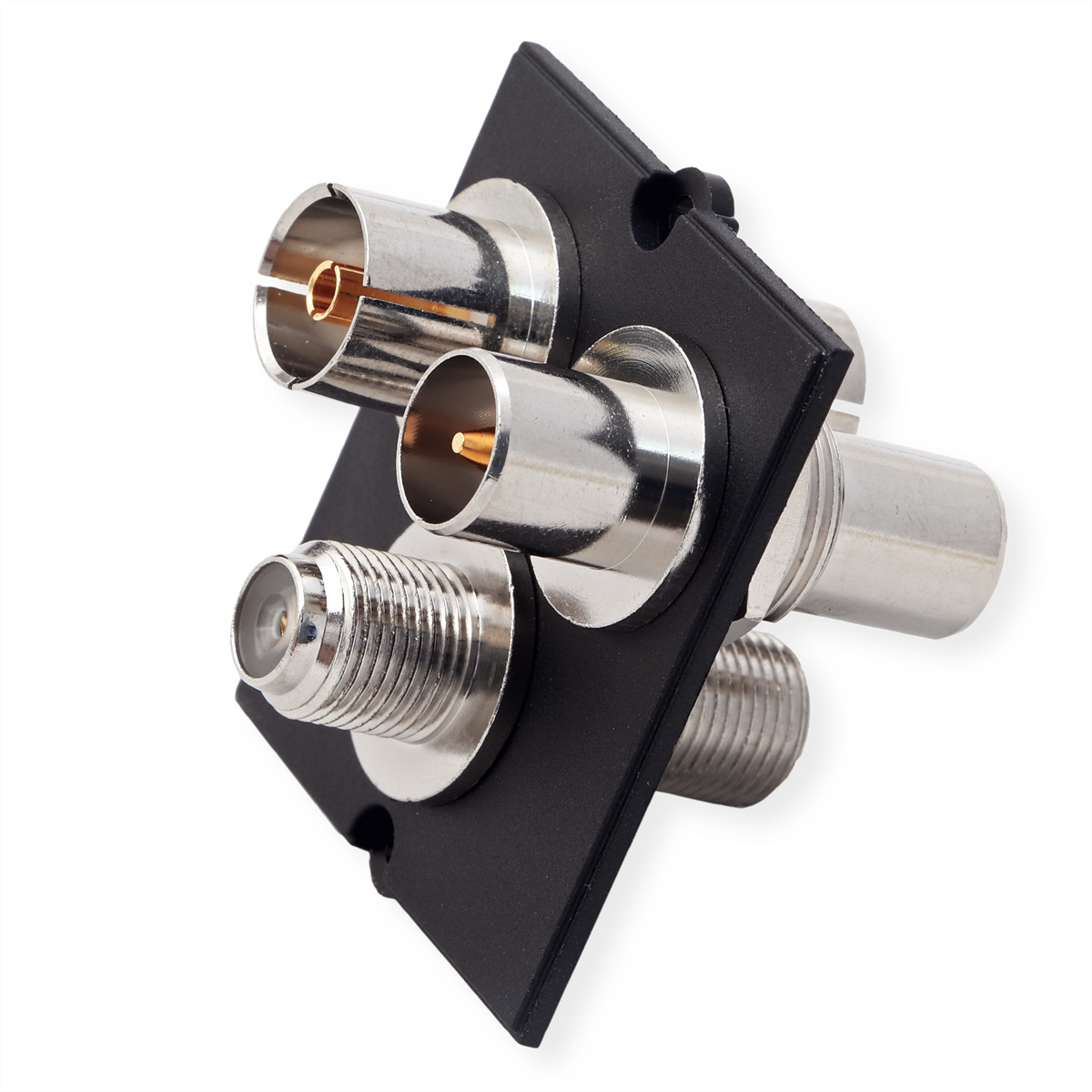 Een zwart plastic vierkant met drie metalen connectoren. Zilver en zwart.