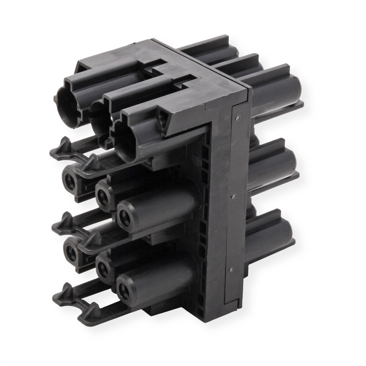 Zwarte kunststof connector met meerdere poorten. Witte achtergrond.