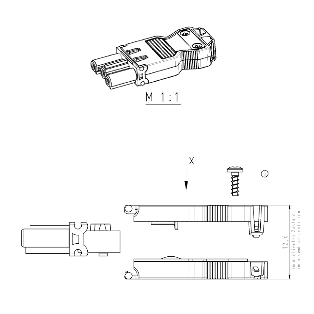 Technische tekening van een kleine connector met afmetingen en montage-instructies. Witte achtergrond.
