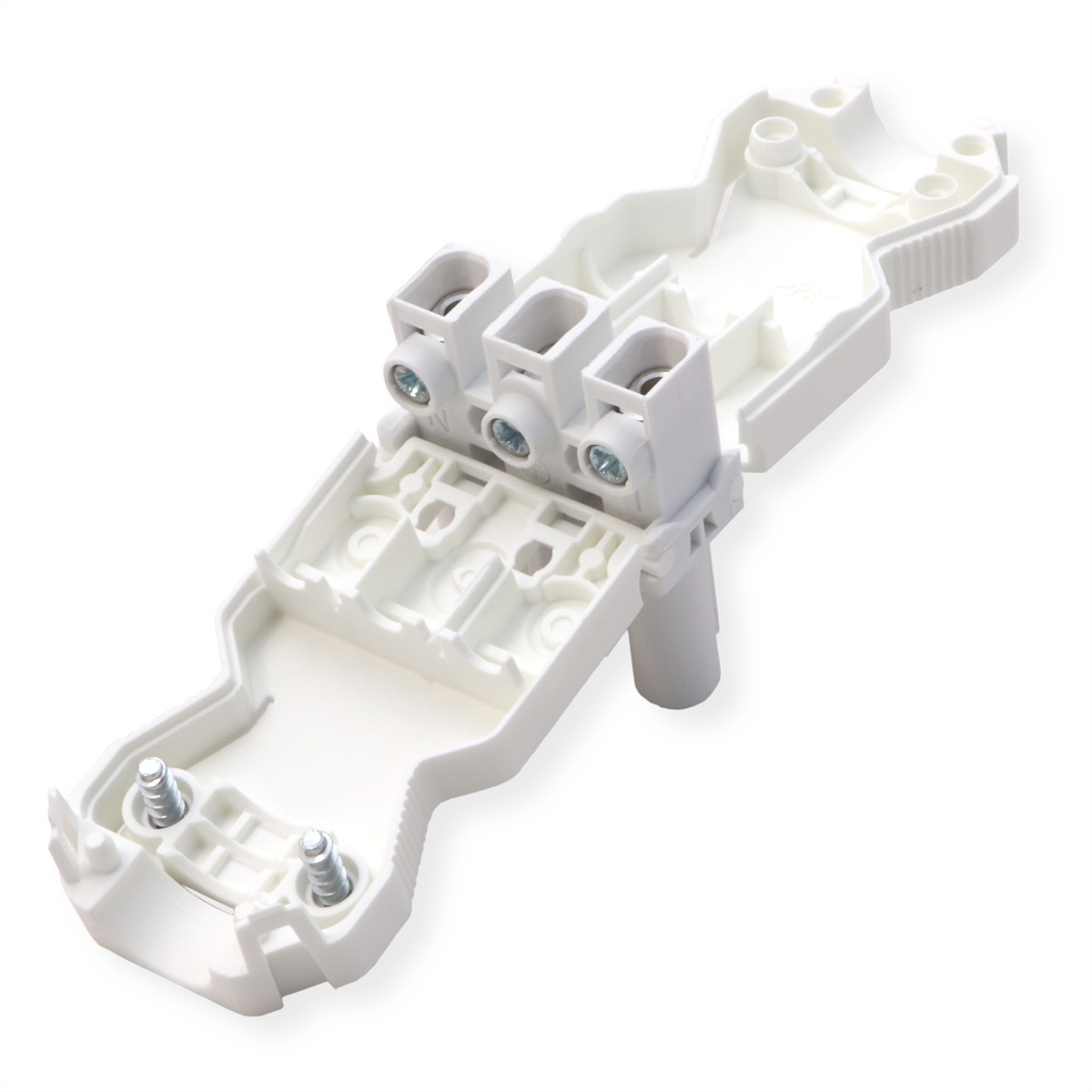 Witte elektrische connector met meerdere aansluitingen en schroefgaten, open zicht.