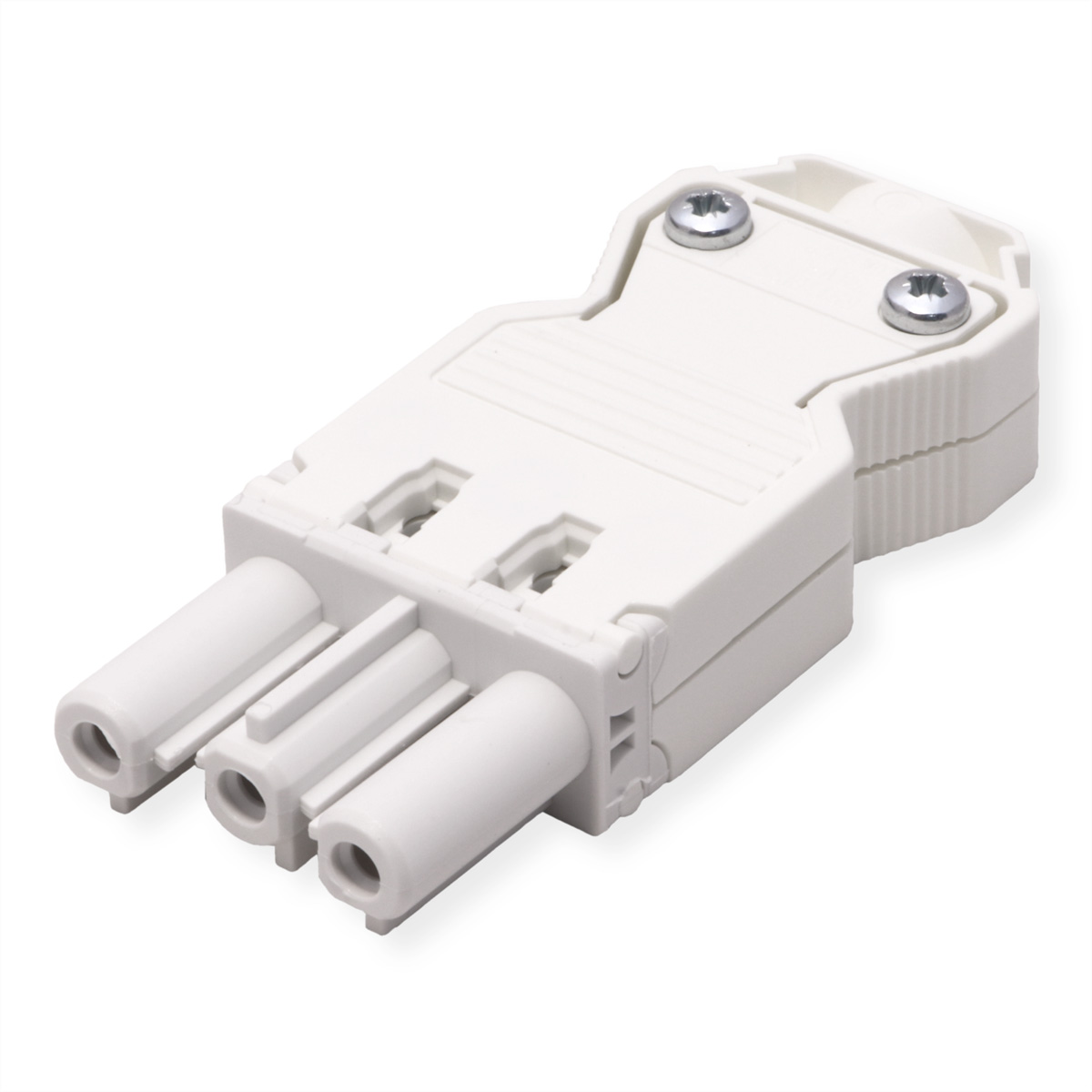 Witte plastic connector met drie pinnen. Twee schroeven. Witte achtergrond.