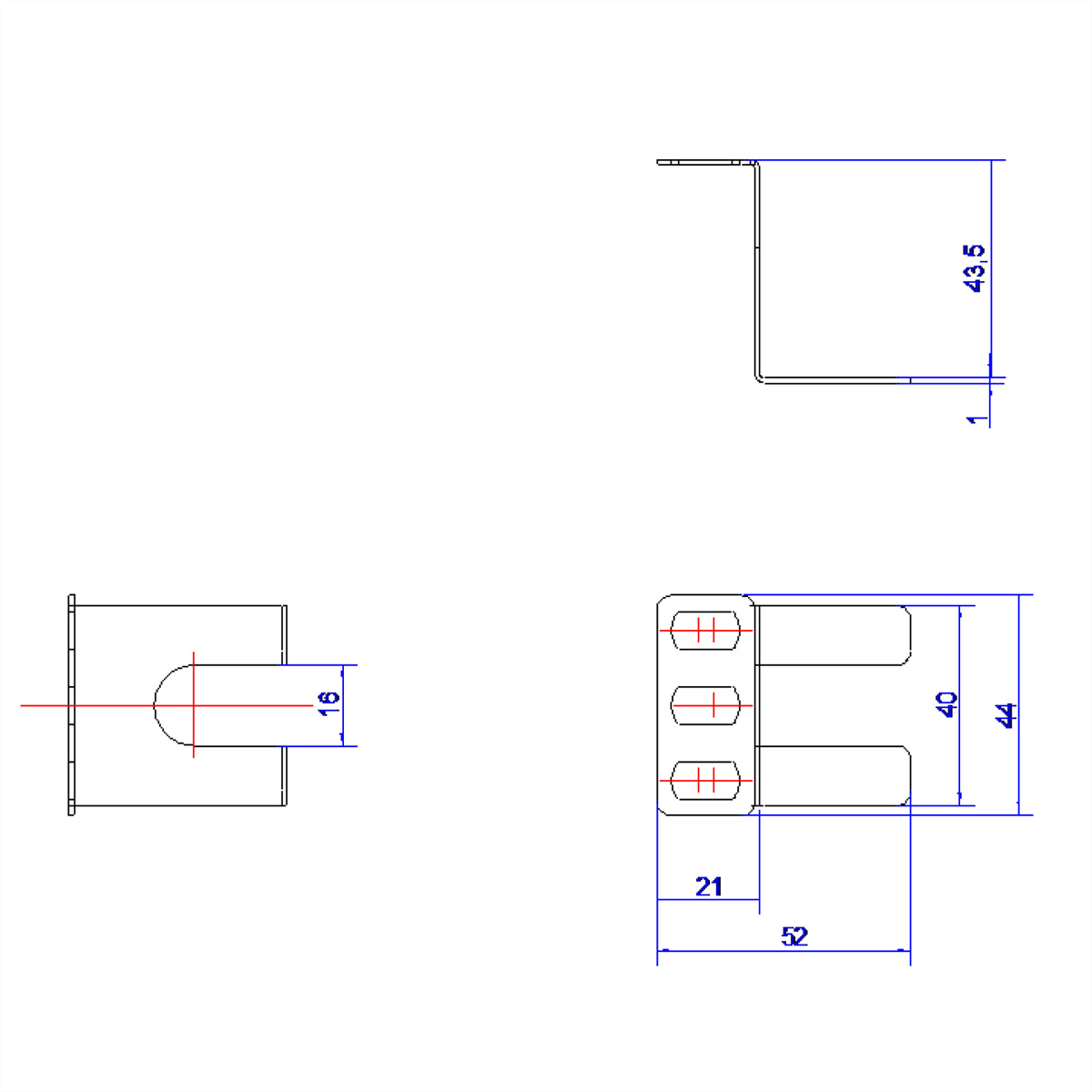 Technische tekening van een connector en een stopcontact. Afmetingen in blauw aangegeven.