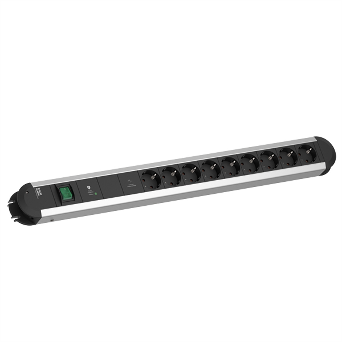 Lange zilveren stekkerdoos met tien zwarte stopcontacten, een groen lampje en een aan/uit-schakelaar.