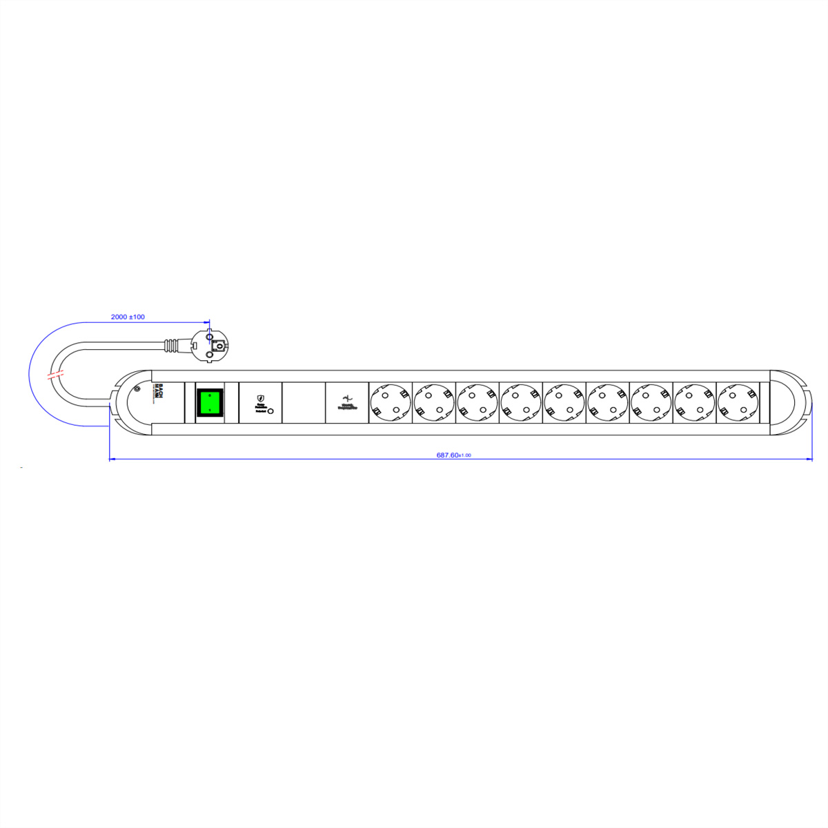 Een technische tekening van een lange stekkerdoos met stopcontacten en een groene aan/uit-knop, op wit.
