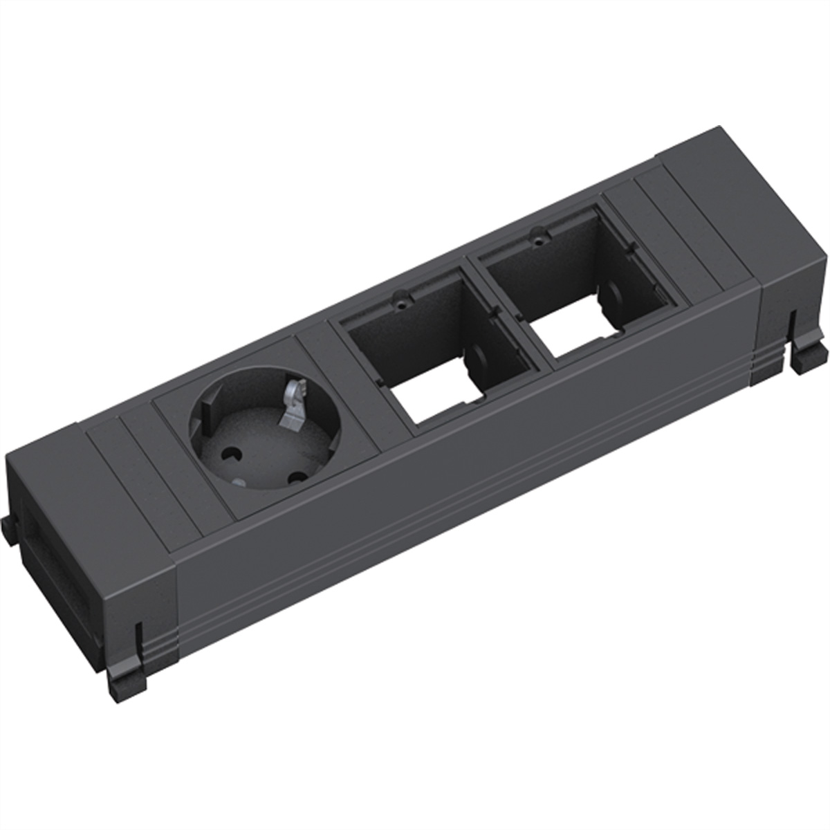 Czarny, prostokątny gniazdo elektryczne z trzema gniazdami i kołkiem uziemiającym.