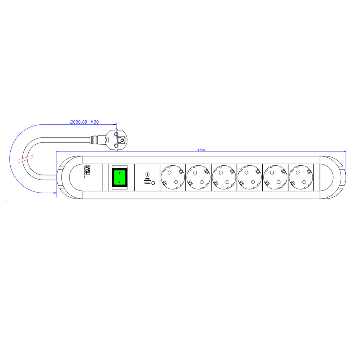 Eine elektrische Steckdosenleiste mit 6 Steckdosen und einem grünen Ein-/Ausschalter, mit Maßangaben.