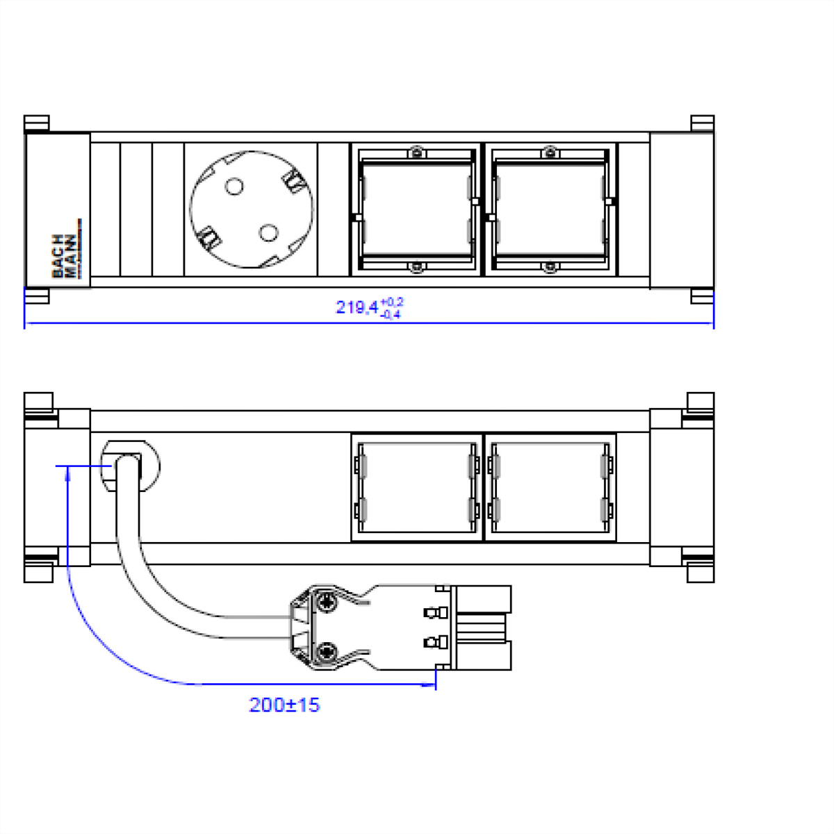 Rysunek techniczny listwy zasilającej z wymiarami i zakrzywionym przewodem zasilającym.