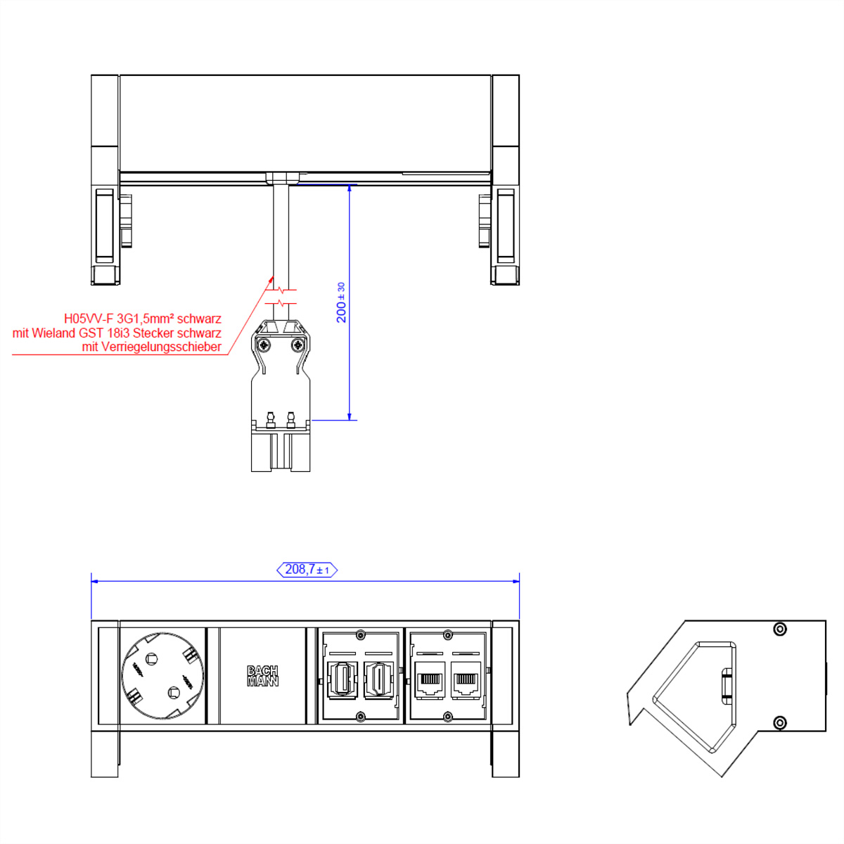Een schematisch diagram van een elektrisch apparaat met afmetingen en annotaties.