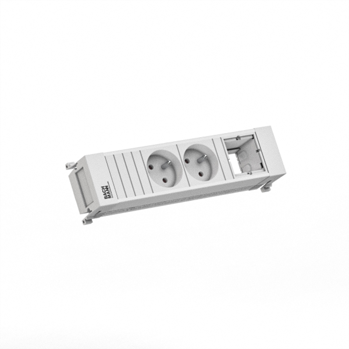 Witte wandcontactdoos met twee stopcontacten. Het heeft een rechthoekige vorm en een Bachmann-label.