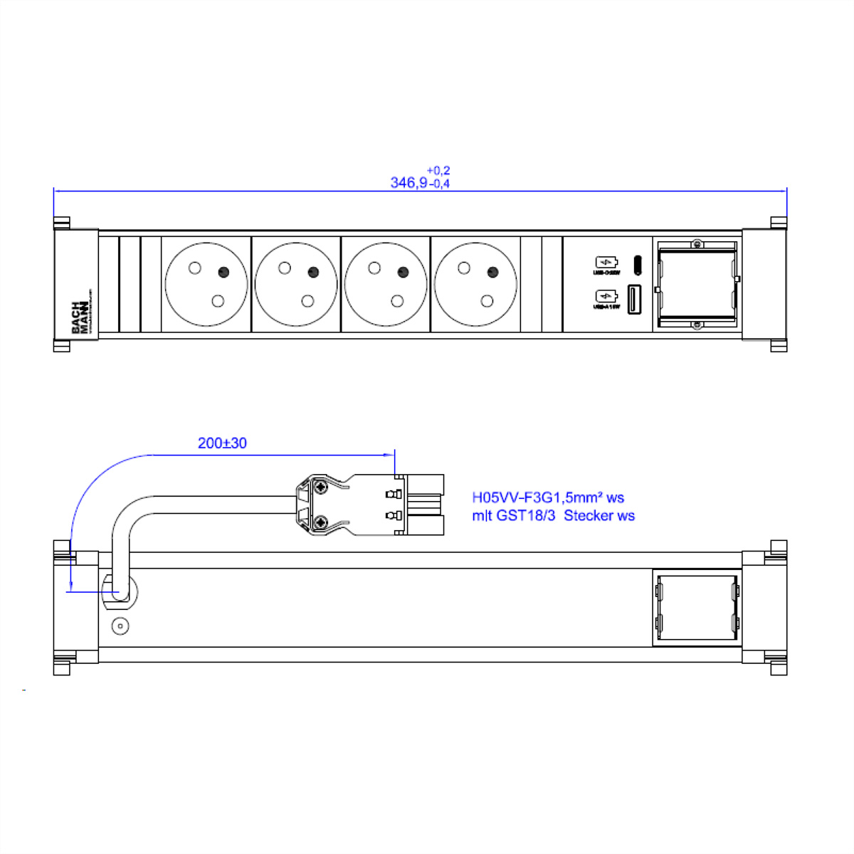 Diagramm einer Steckdosenleiste mit vier Steckdosen und zwei USB-Anschlüssen, mit Text und Maßen.