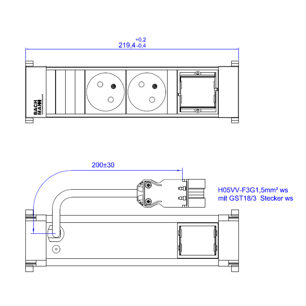 Technische tekening van een stekkerdoos, met afmetingen en technische specificaties.