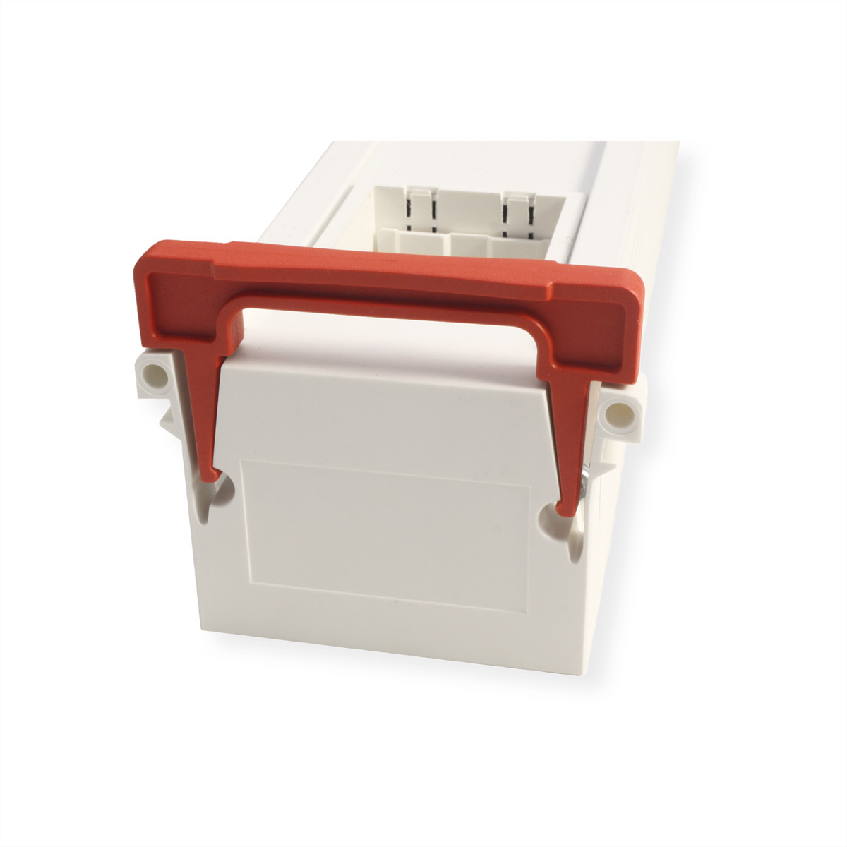 Weißes und rotes Kunststoff-Elektrogehäuse mit Griff.
