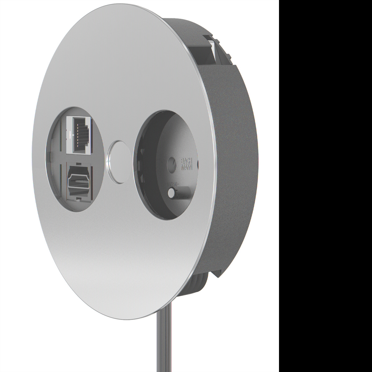 Una presa di corrente circolare argentata con porte Ethernet, HDMI e alimentazione.