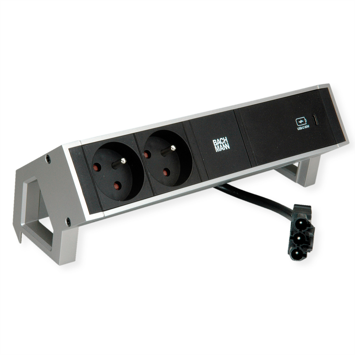 Multipresa argento e nera con due prese e una porta USB.