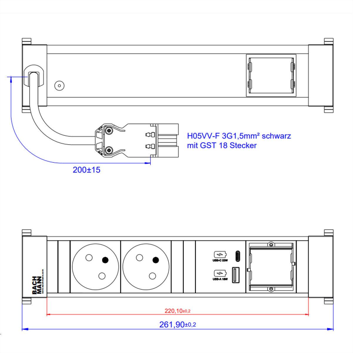 Een technische tekening van een stekkerdoos met meerdere stopcontacten, USB-poorten en afmetingen in mm.
