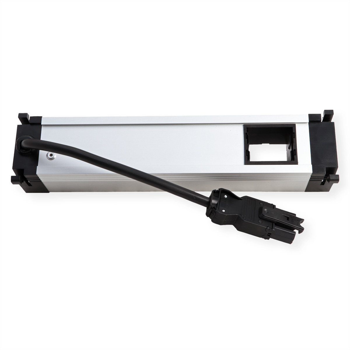 Zilverkleurige stekkerdoos met een zwarte kabel en connector.