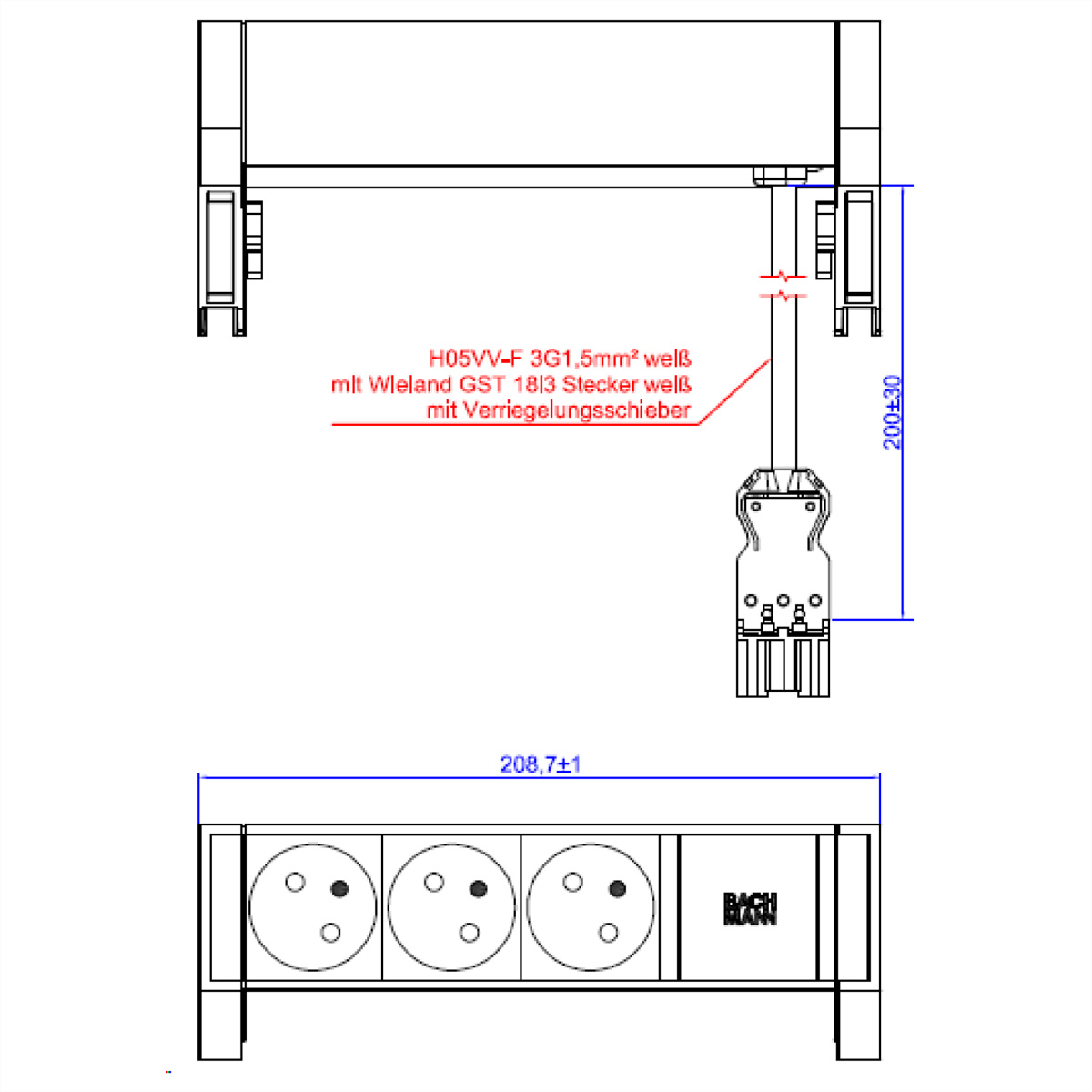 Disegno tecnico di una presa di corrente con tre prese e dimensioni in mm. Marchio Bachmann.