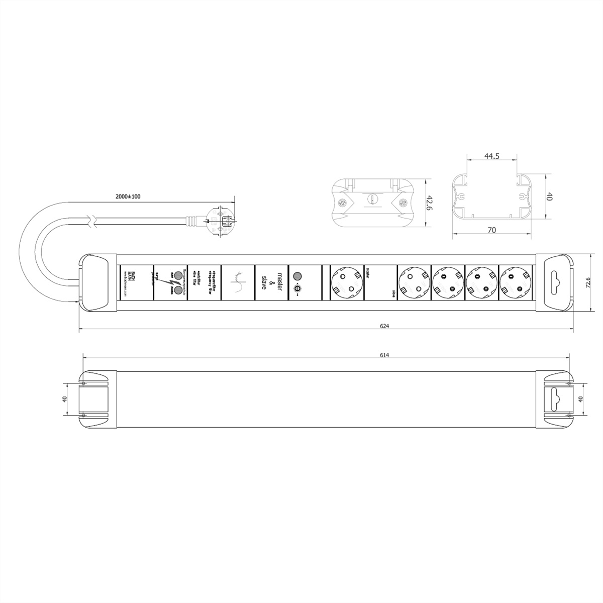 Technische tekening van een stekkerdoos met afmetingen en elektrische componenten.