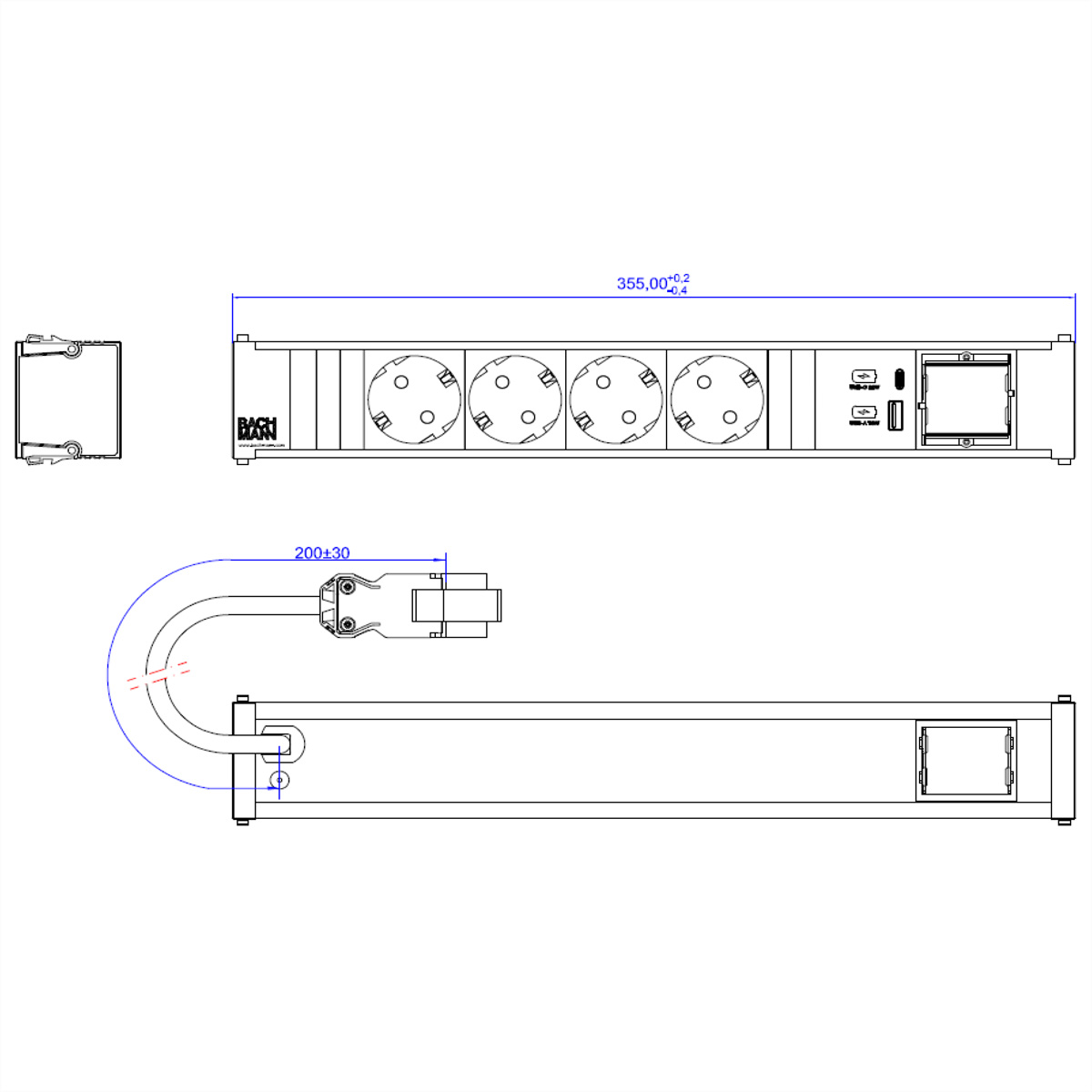 Technische tekening van een stekkerdoos met vier stopcontacten, twee USB-poorten en afmetingen.