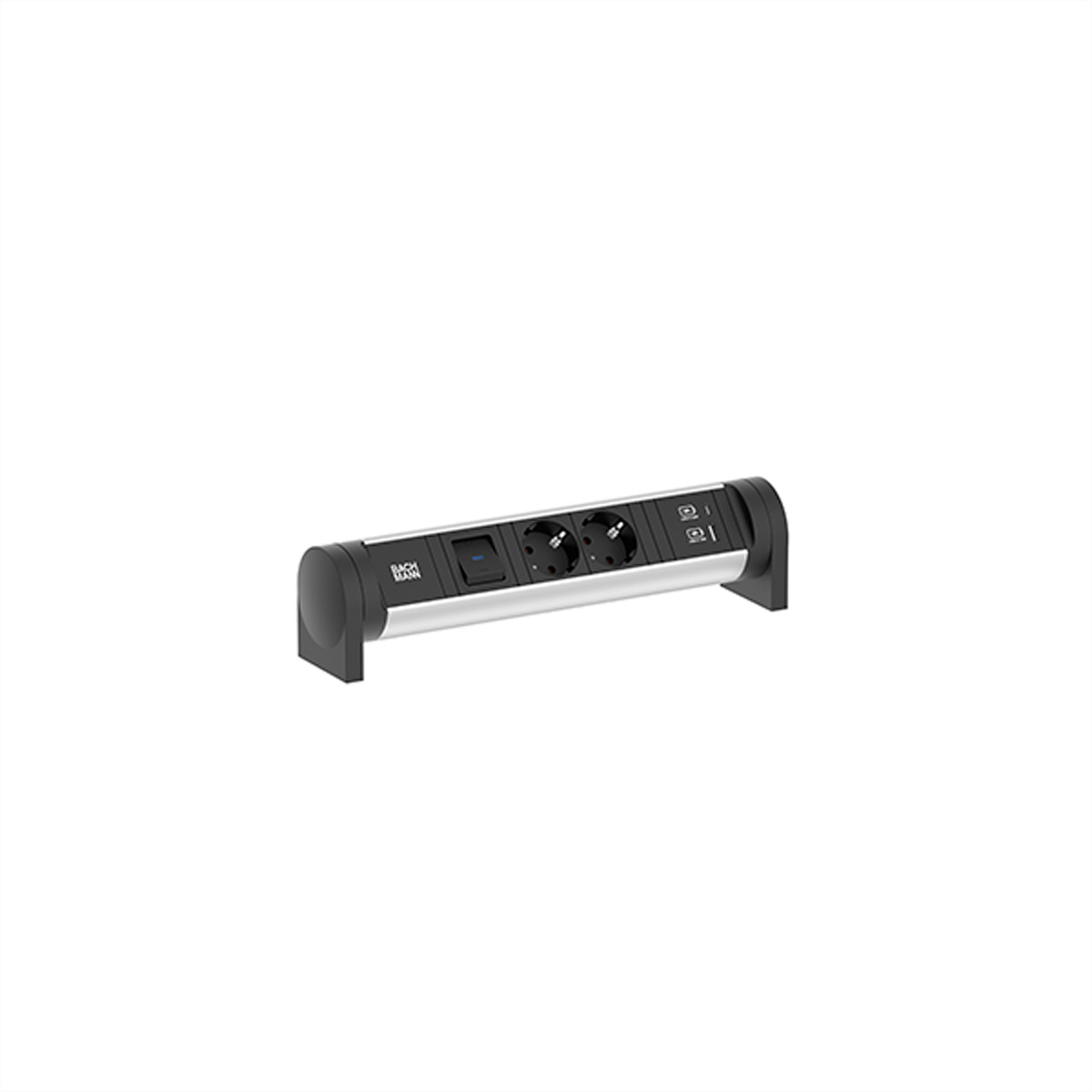 Una multipresa argentata con due prese, un interruttore e due porte USB.