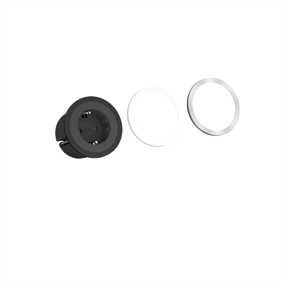 Een zwart stopcontact met drie delen: het stopcontact, een witte ring en een zilveren ring.
