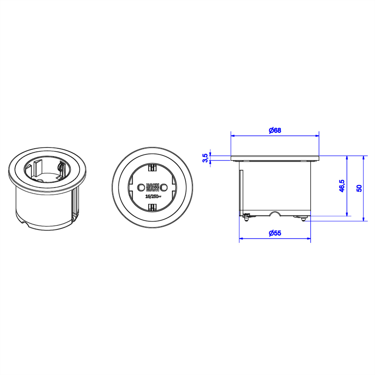 Diagram van een stopcontact, met afmetingen en zijaanzicht.
