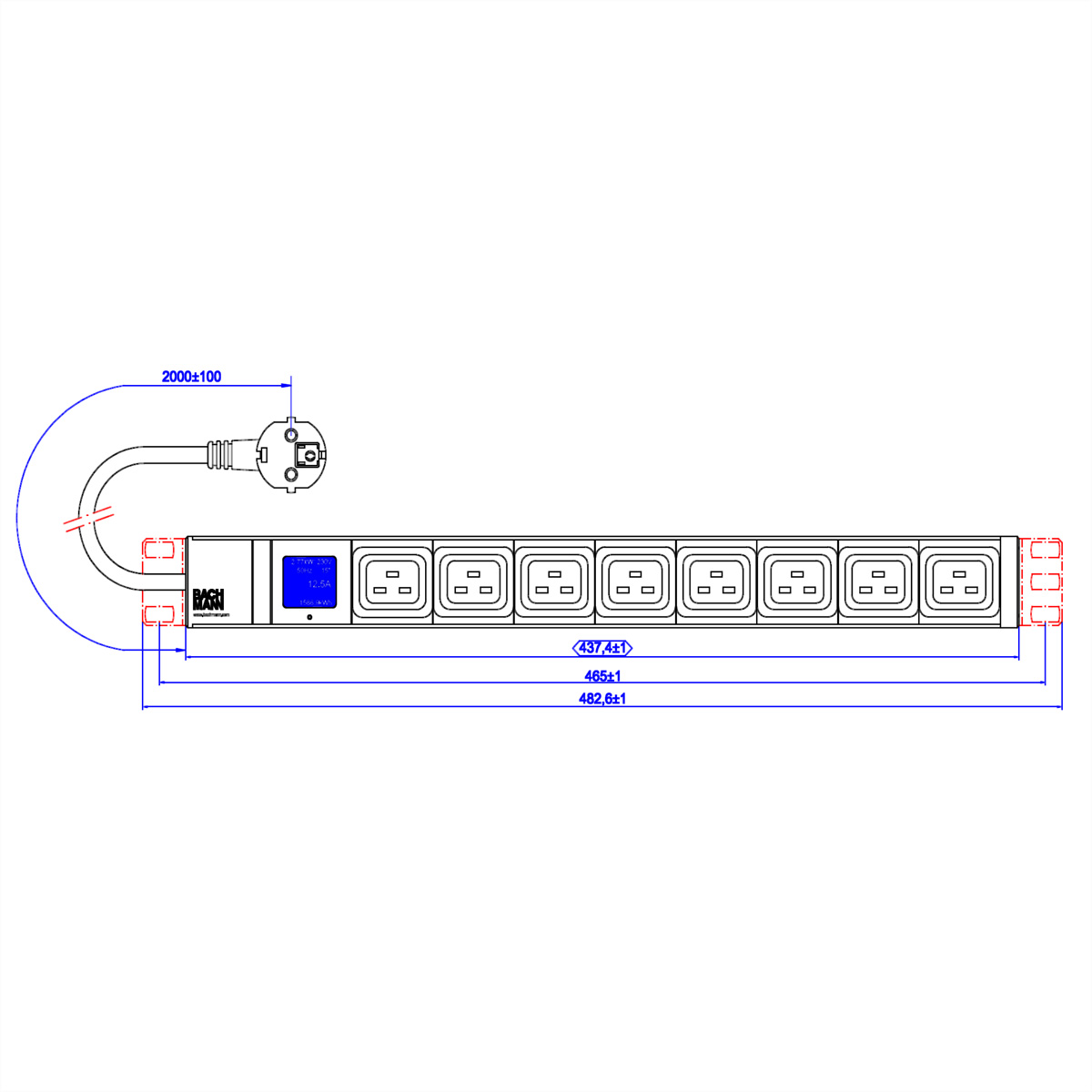 Technische tekening van een stekkerdoos met acht stopcontacten en een stekker. Afmetingen in mm. Bachmann.
