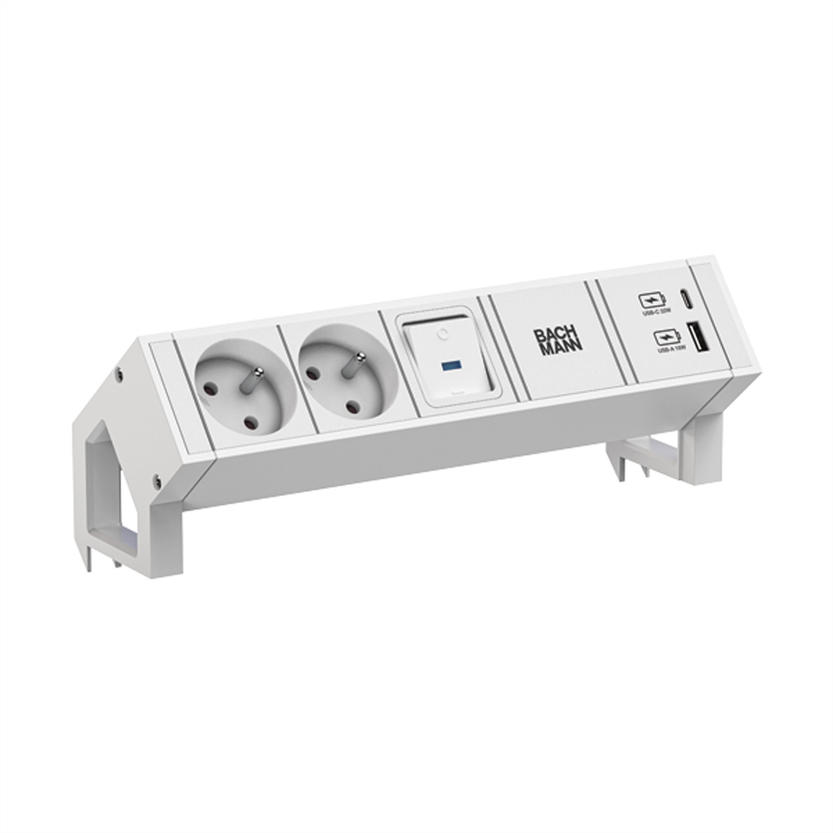 Une multiprise blanche avec deux prises, un interrupteur et des ports USB, sur fond blanc.