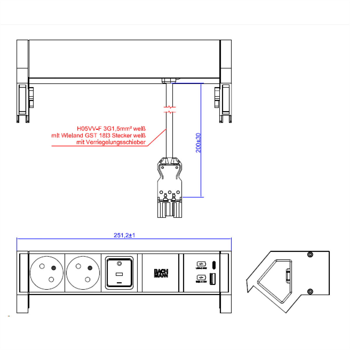 Dessin technique d'un appareil électrique avec dimensions et étiquettes.