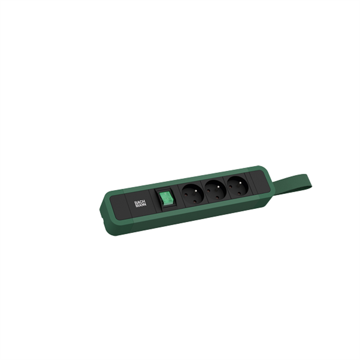 Groene stekkerdoos met een schakelaar en drie stopcontacten. Witte achtergrond.
