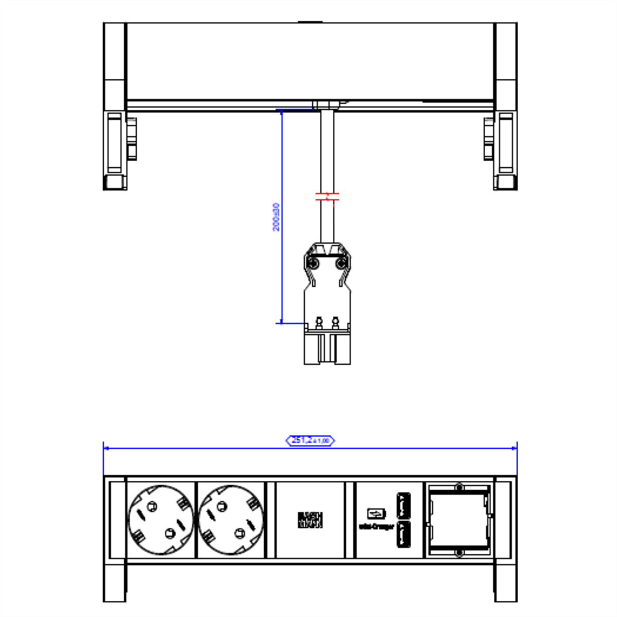 Rysunek techniczny gniazda z dwoma gniazdami i wymiarami w mm. Marka Bachmann.