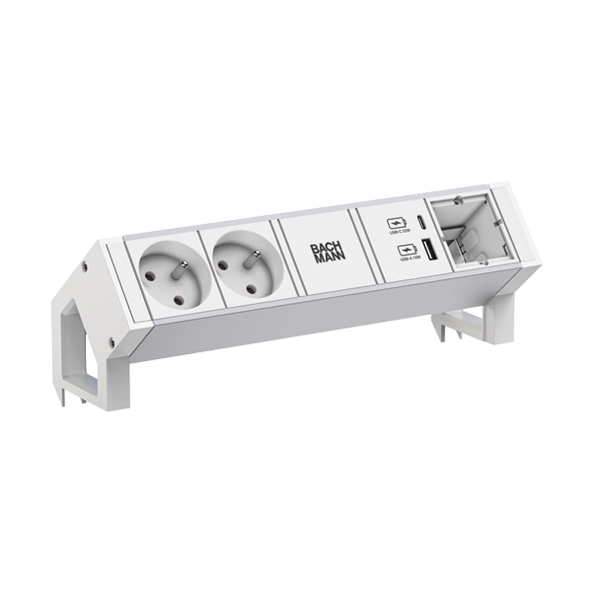 Presa bianca con due prese, due porte USB e un logo Bachmann.