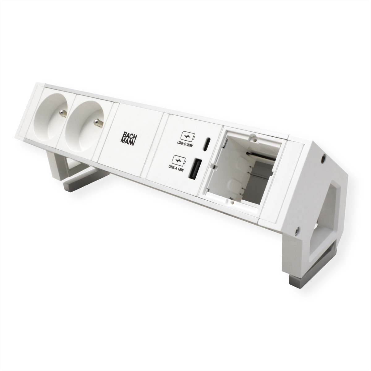 Multipresa bianca con due prese, porte USB e logo Bachmann, su sfondo bianco.