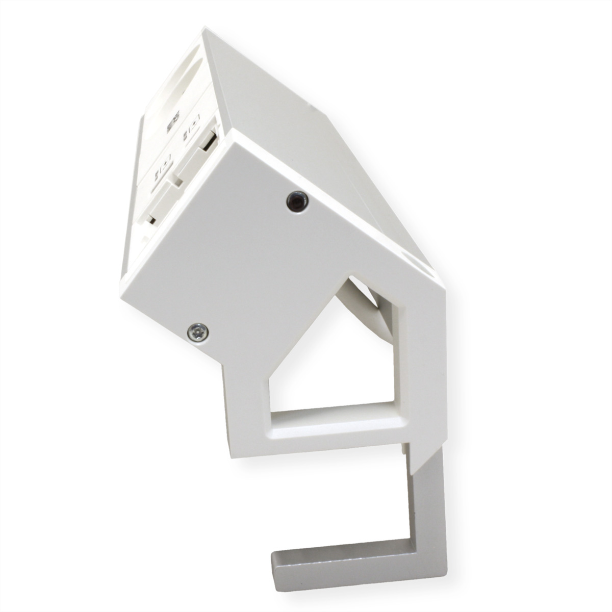 Modulo presa di corrente bianco angolato. Con USB, prese e staffa di montaggio.