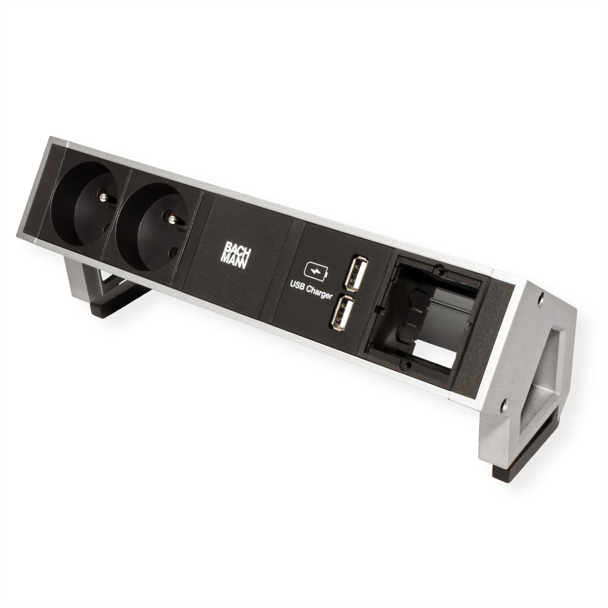 Presa di corrente argentata e nera con due prese, porte USB e il logo del marchio Bachmann.