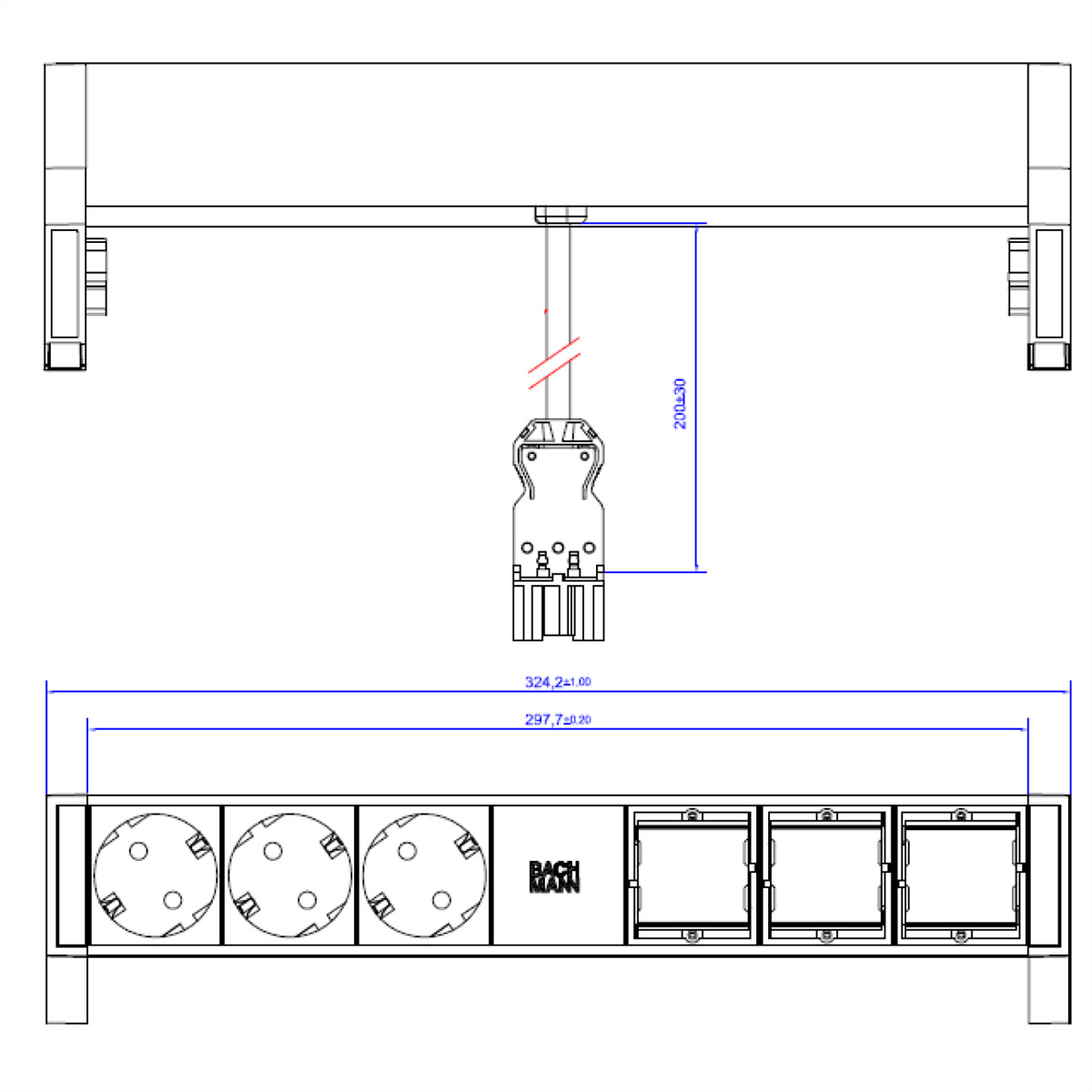 Rysunek techniczny gniazda zasilania. Wymiary są oznaczone na obrazie.