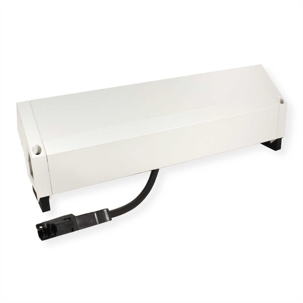 Biała prostokątna listwa zasilająca z czarnym kablem i złączem. Czysty design.