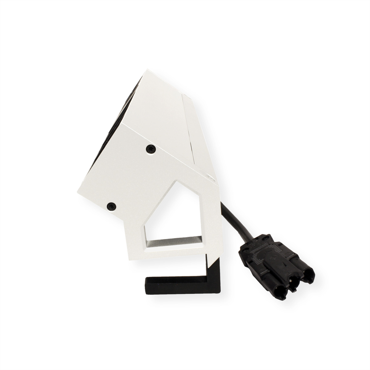 Białe i czarne gniazdo z czarnym kablem zasilającym.