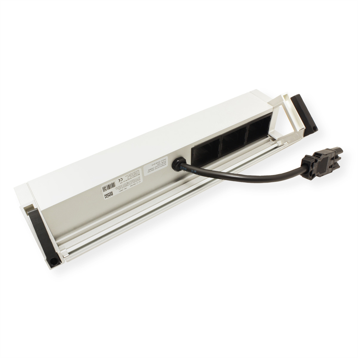 Srebrna listwa zasilająca z czarnym kablem, złączem i etykietą.