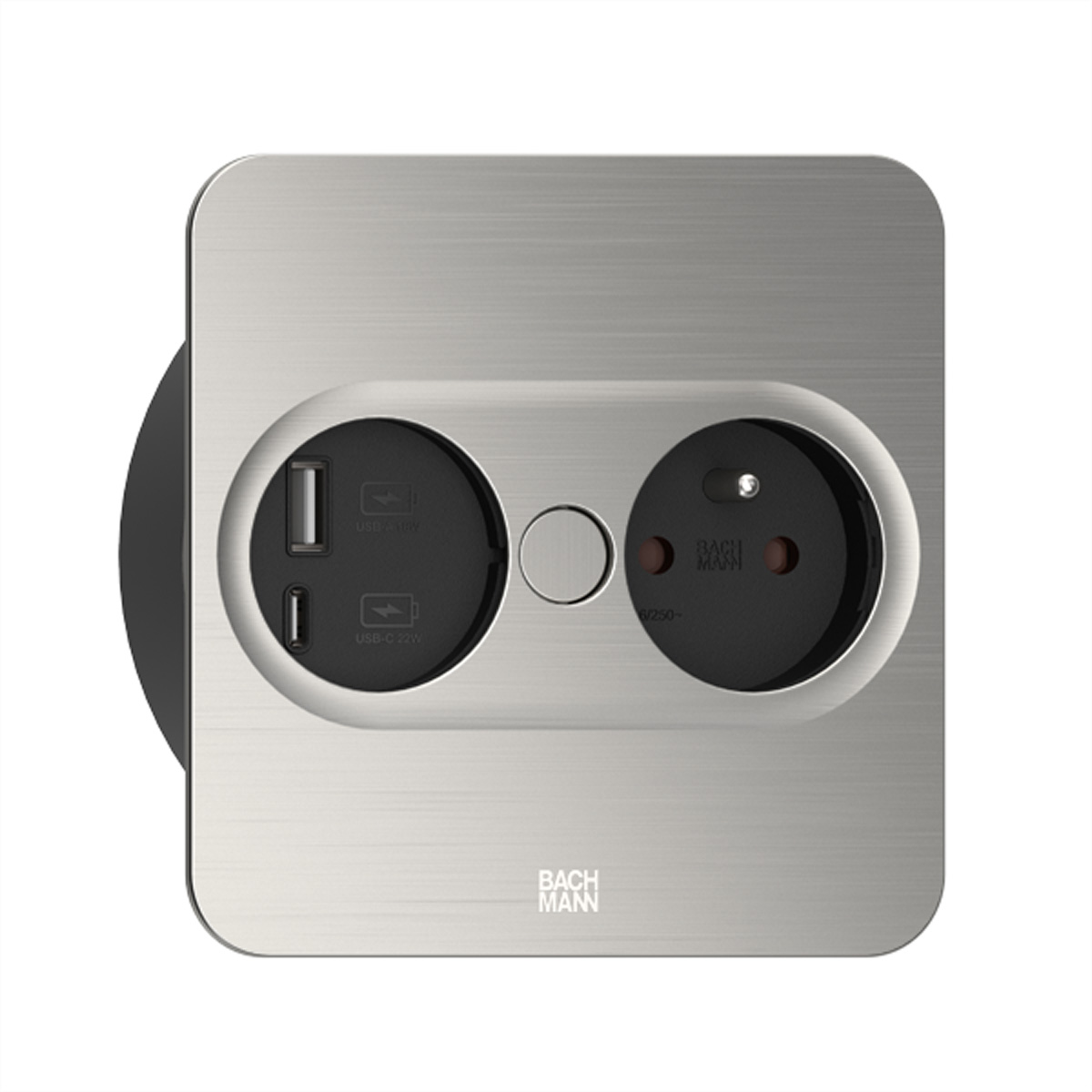 Presa argentata con due prese e porte USB. Interno nero. Logo Bachmann.