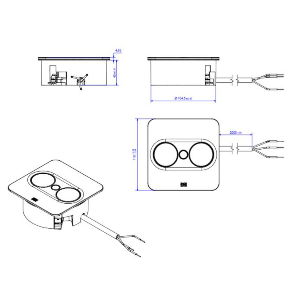 Disegno tecnico di una presa elettrica, con dimensioni e dettagli.