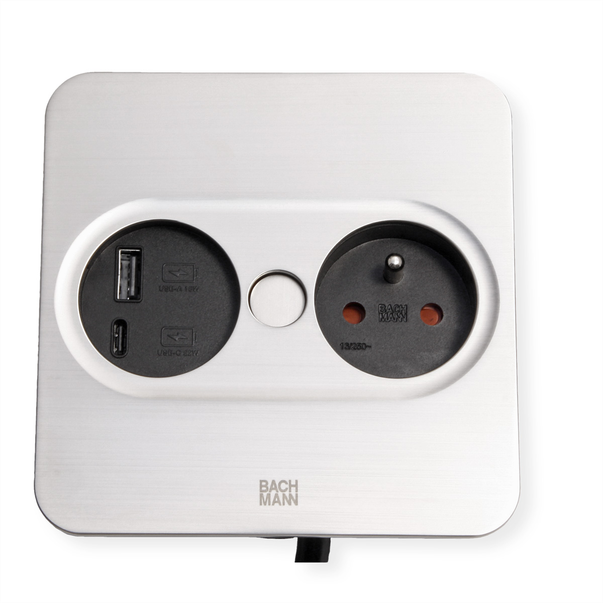 Presa di corrente argentata con porte USB e una presa.