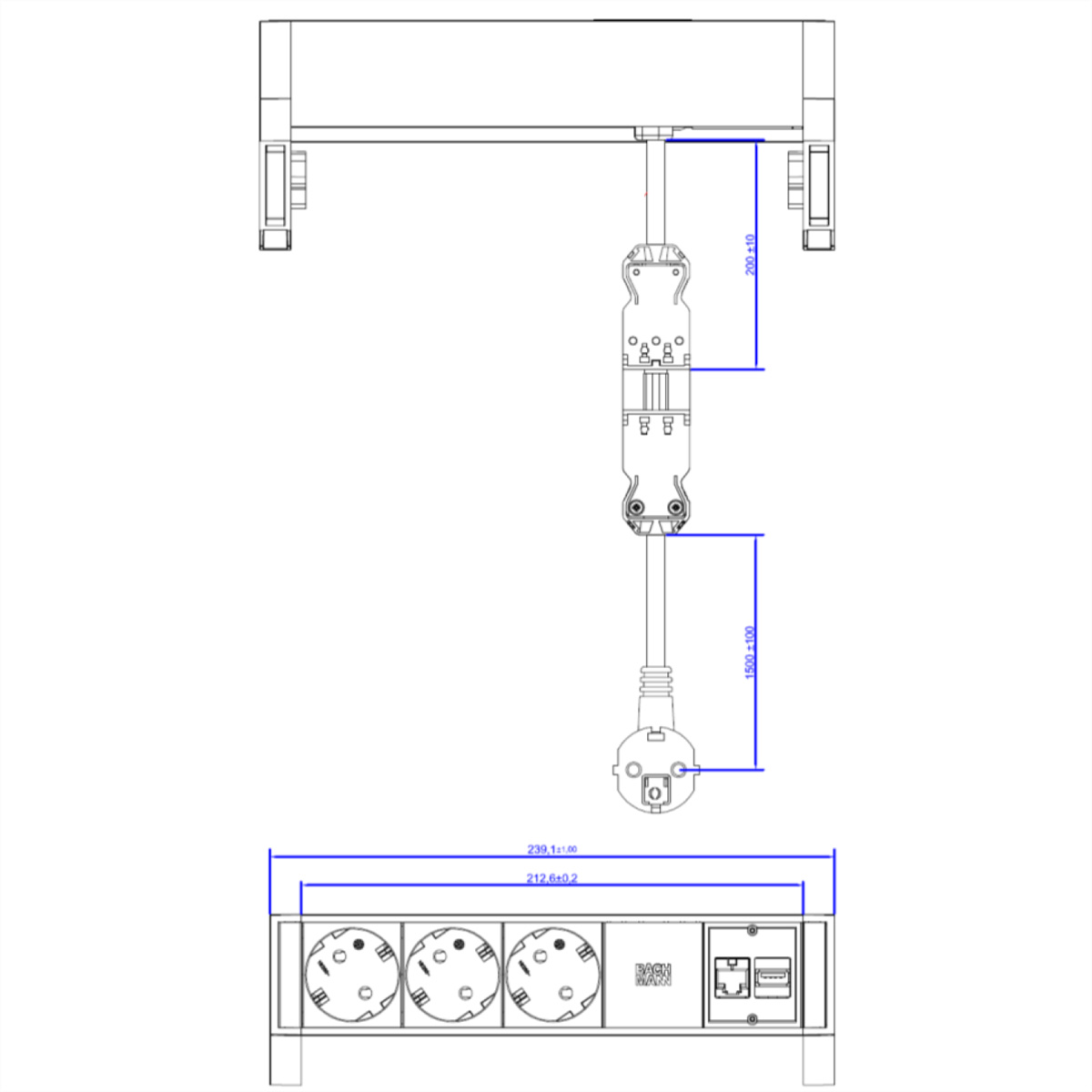 Diagram van een stekkerdoos met meerdere stopcontacten en een hangende kabel.
