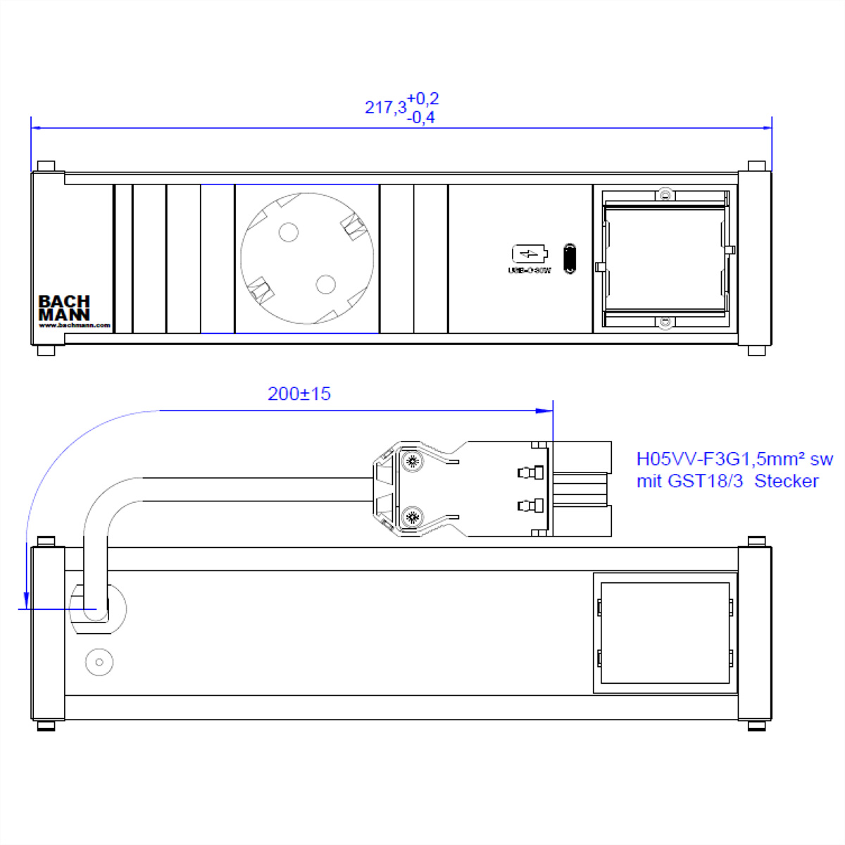 Technische tekening van een stopcontact met afmetingen. Het stopcontact heeft een USB-poort en een stekker.