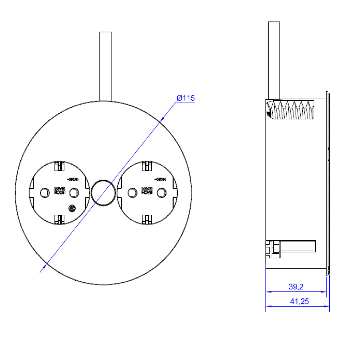 Disegno tecnico di due prese elettriche, con misure e una linea centrale.