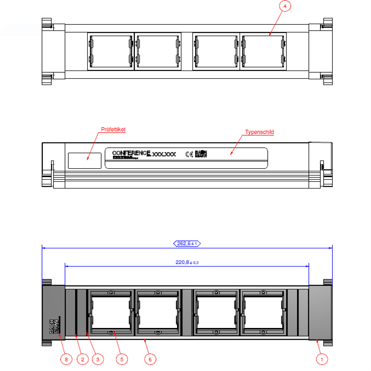 Diagram van een stekkerdoos met vier stopcontacten en labels.