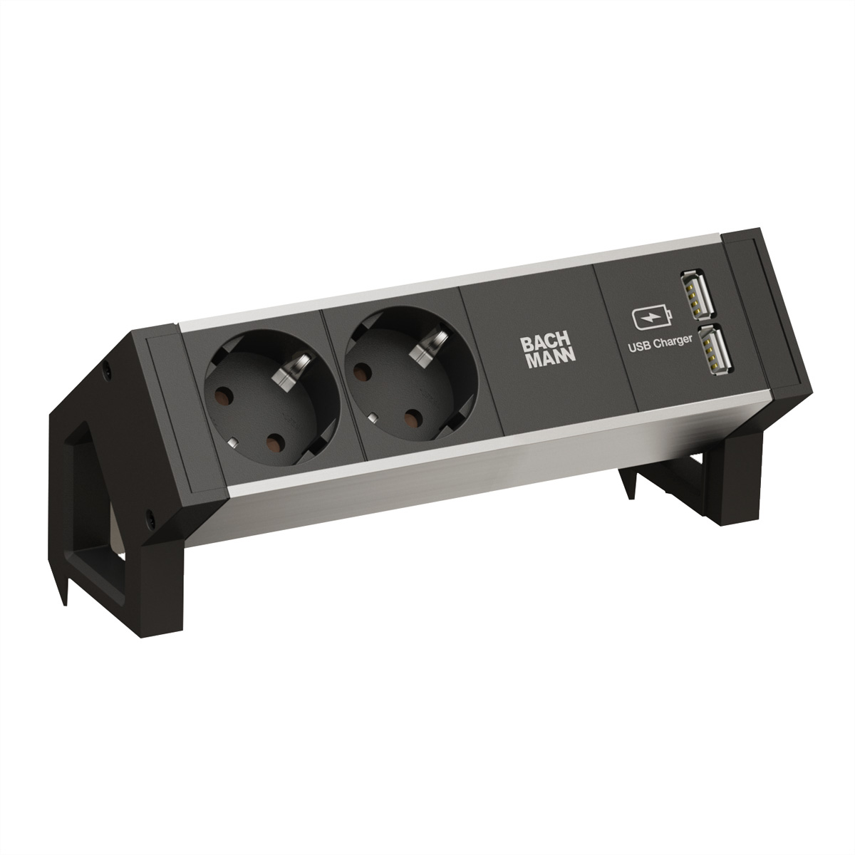 Zwarte en zilveren stekkerdoos met twee stopcontacten, USB-lader en Bachmann-logo.
