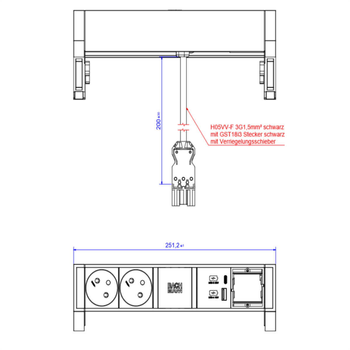 Dessin technique d'une prise de courant avec dimensions et annotations textuelles.